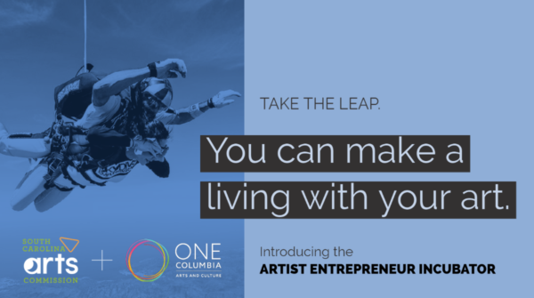 Image of a tandem skydive, midflight as the parachute deploys. Text says, Take the leap. You can make a living with your art. Introducing the Artist Entrepreneur Incubator.