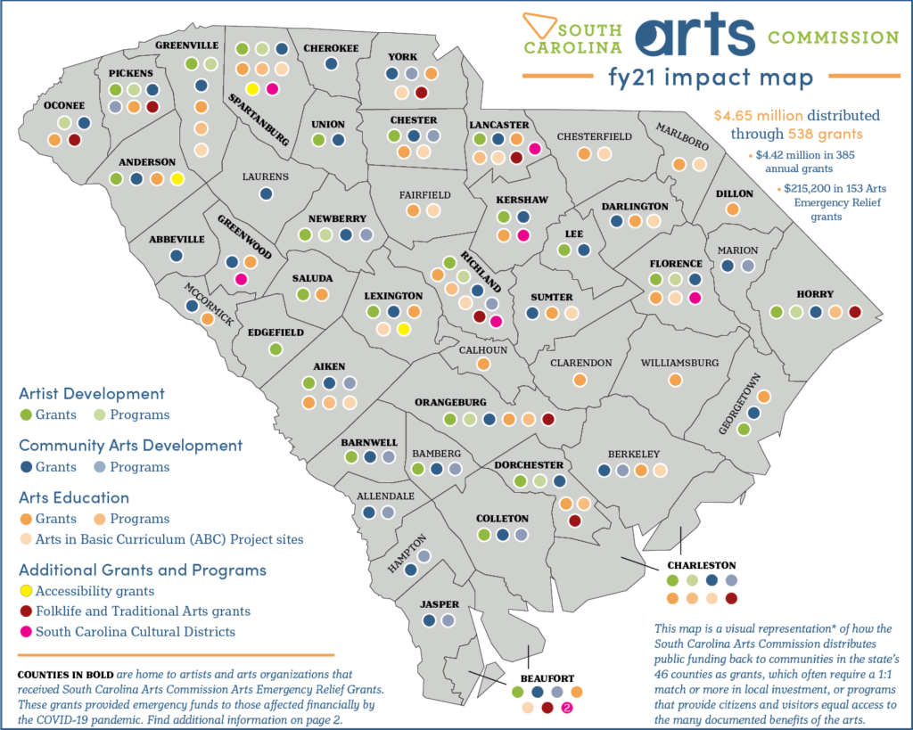 SC Arts Commission FY21 impact map, showing with colorful dots what grants and associated programs were active in each South Carolina county in FY21