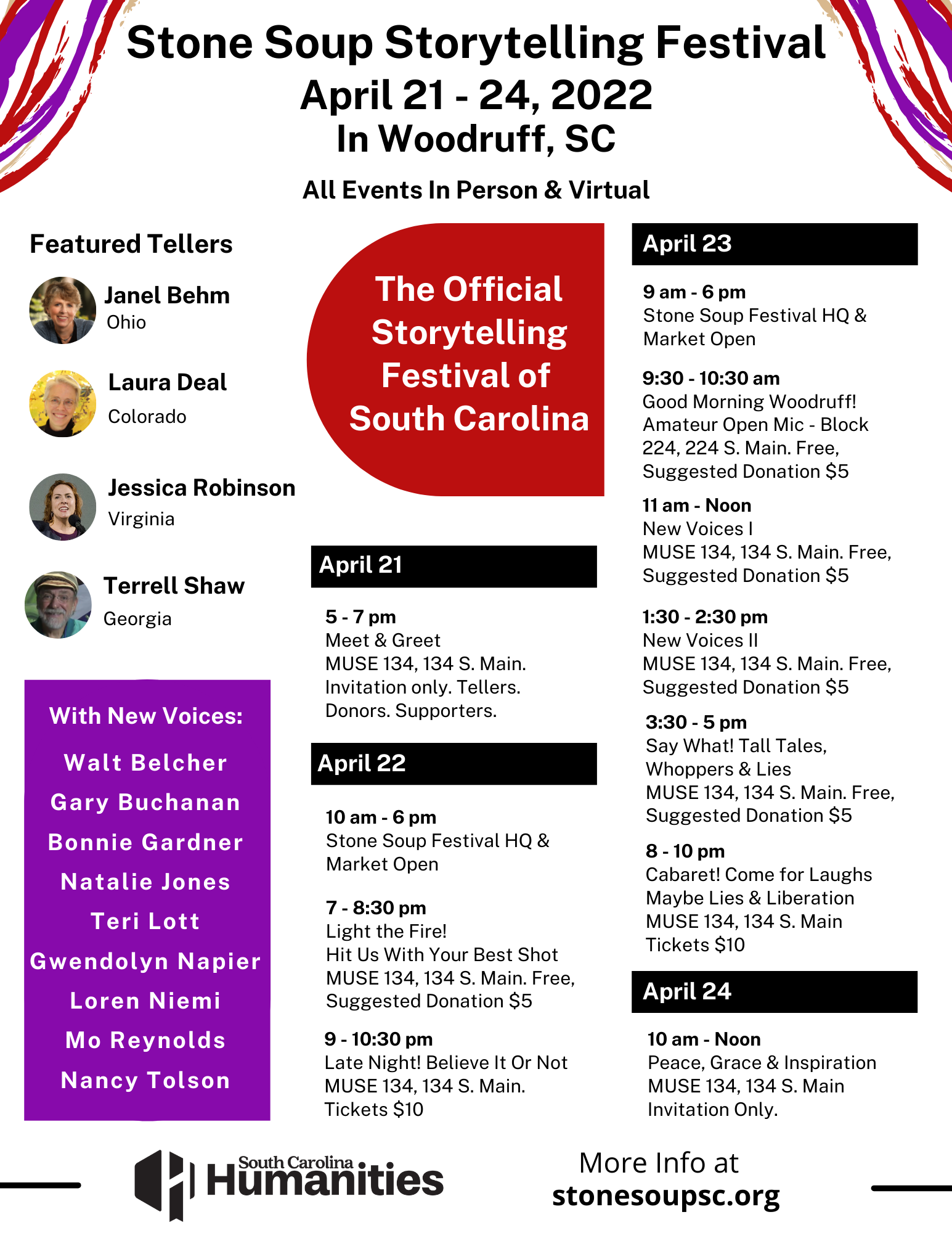 Stone Soup Storytelling Festival flyer with schedule. Full text after image.