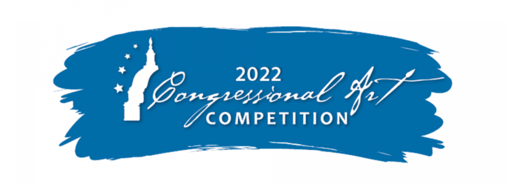 2022 Congressional Art Competition logo, a thick, medium blue paintbrush stroke with white text that reads 2022 Congressional Art Competition