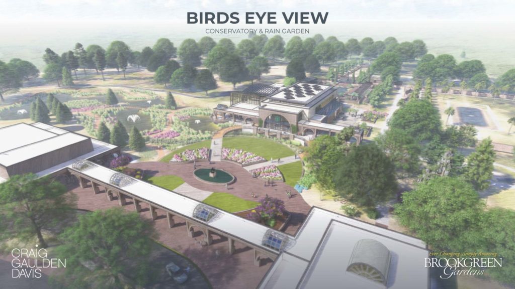A bird's eye artist's rendering of the proposed new conservatory and rain garden.