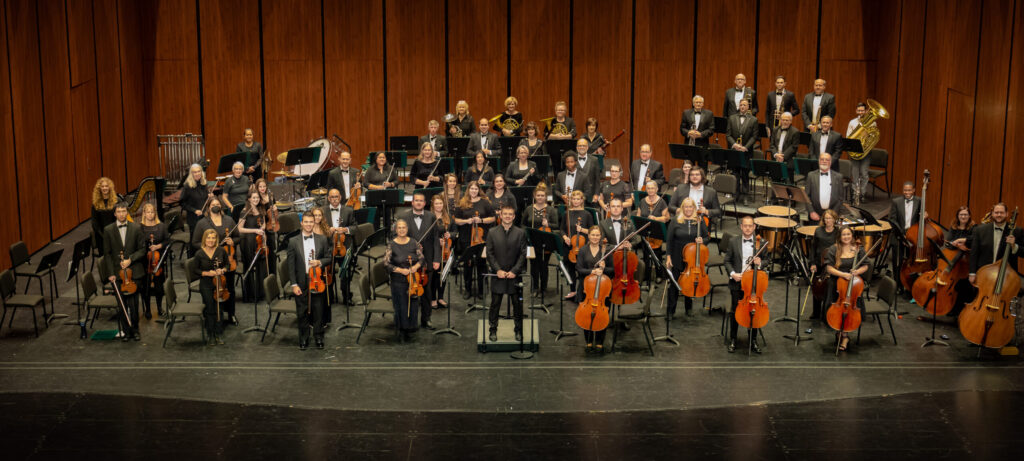 Wide shot of the Summerville Orchestra in concert black and on stage, posed with their instruments.
