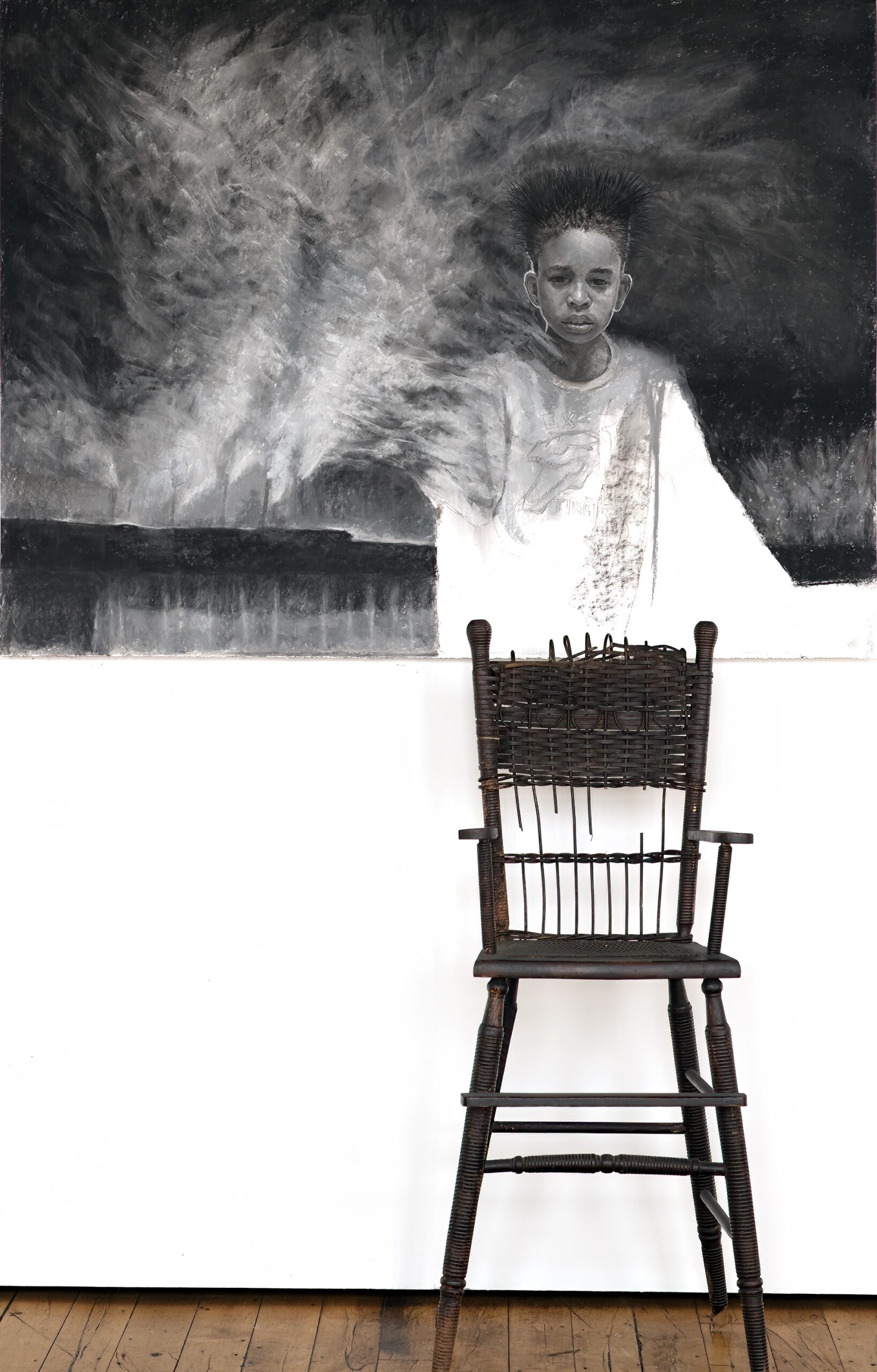 Breathless, artwork by Tyrone Geter featuring a 45″x55″ charcoal drawing, accompanied by found art sculpture chair and mask