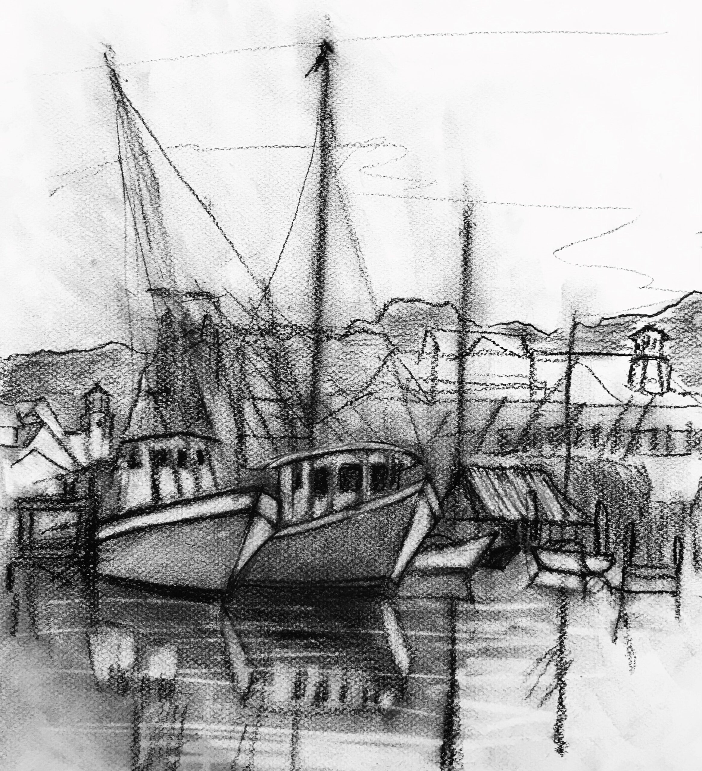 Charcoal drawing of boats in harbor