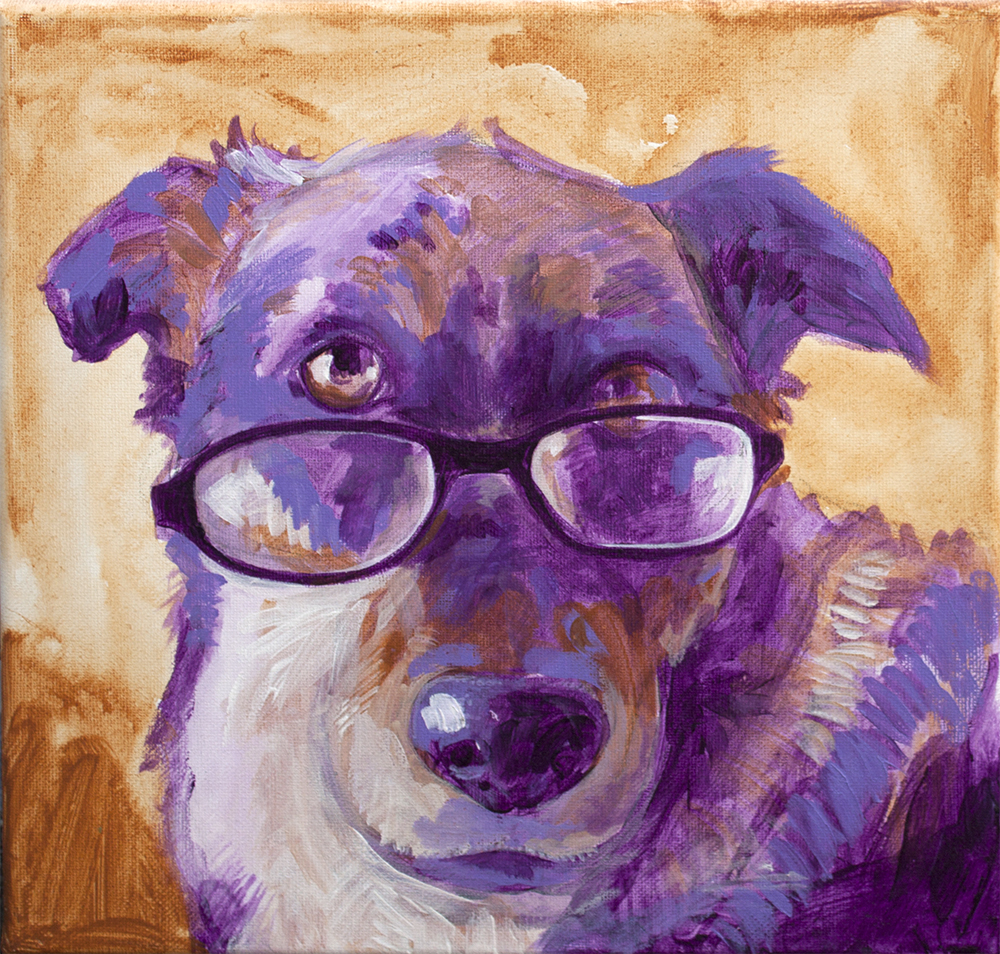 painting of a purple dog wearing glasses askew