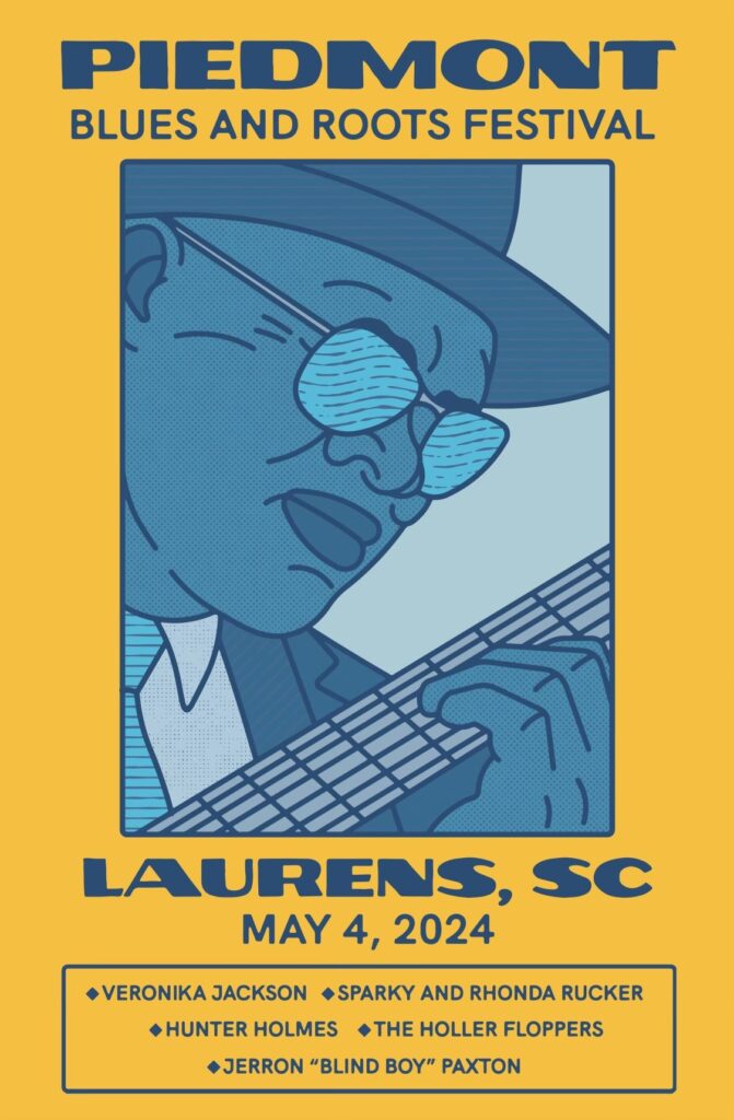 The event poster, blue text on a yellow-gold background with a blue pop-art image of a guitarist on it.