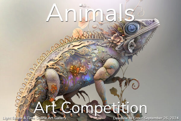 Artwork featuring an ornately stylized lizard with iridescent coloring.