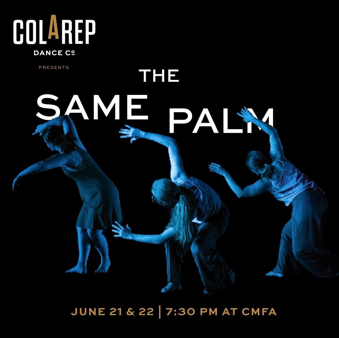 ColaRep Dance Company presents The Same Palm, June 21 and 22 at 7:30 p.m. at CMFA. Three barefoot dancers in blue lighting perform angular choreography.
