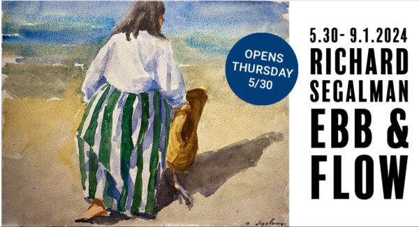 Artwork featuring a barefoot individual wearing a striped skirt and holding a large straw hat on a beach. Richard Segalman's exhibition, Ebb and Flow. May 30 to September 1, 2024.