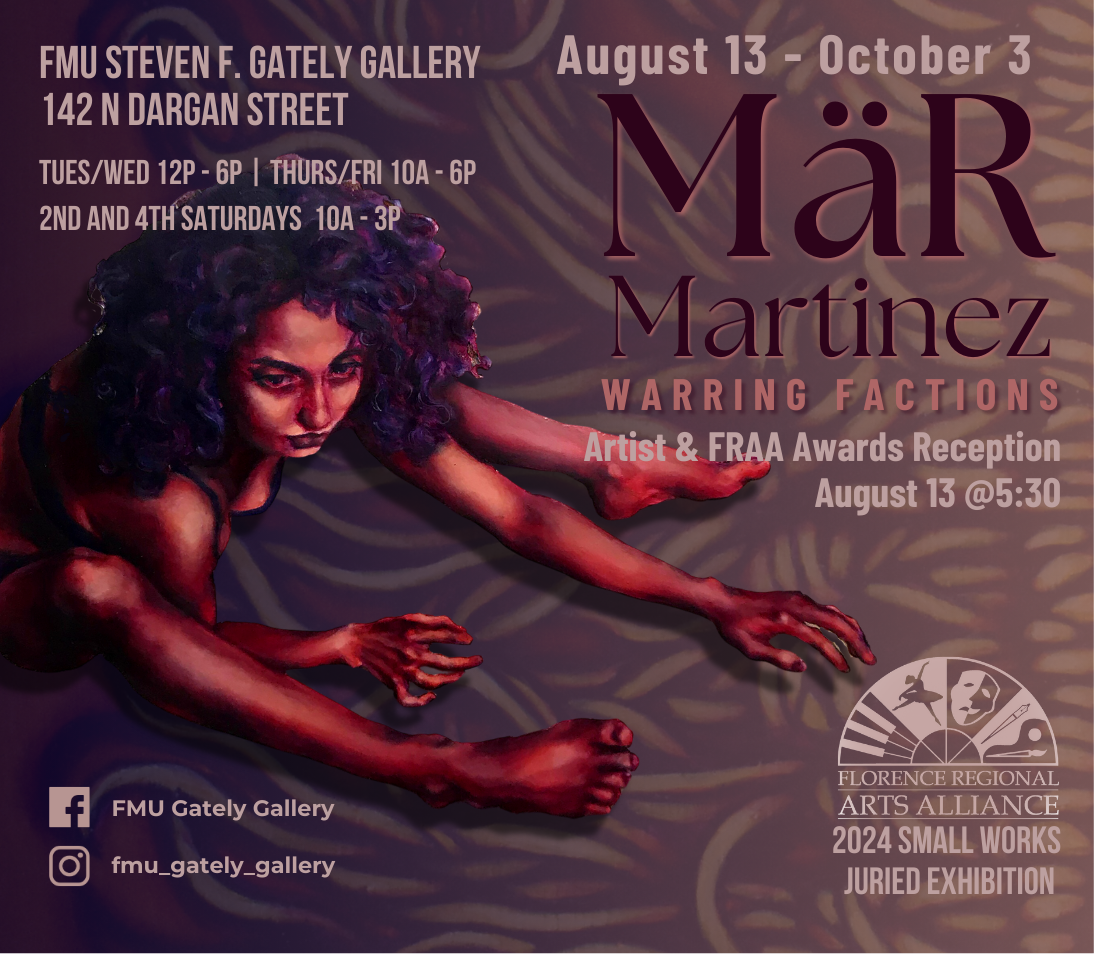 Ad for the exhibition Warring Factions by Mär Martinez features a woman seated on the floor with feet apart and her hands reaching outward between them