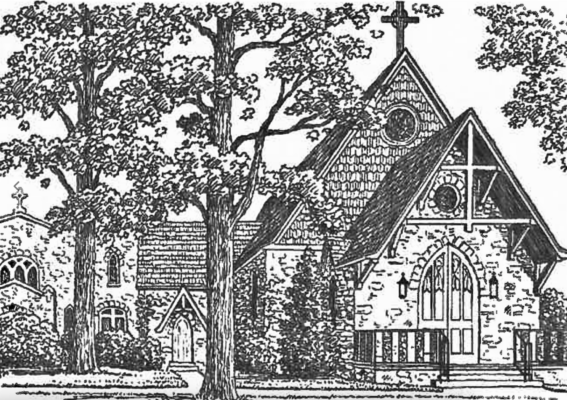 Pen and ink drawing of Saint Johns Anglican Church in Florence, South Carolina
