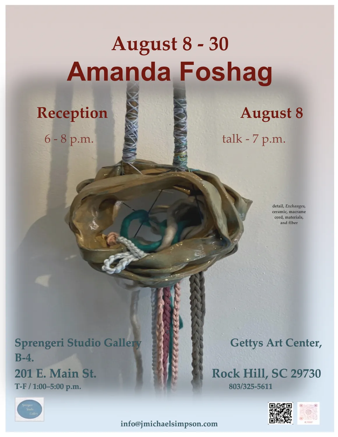 Detail of the artwork Exchanges by Amanda Foshag. Ceramic, macramé cord, materials, and fiber.
