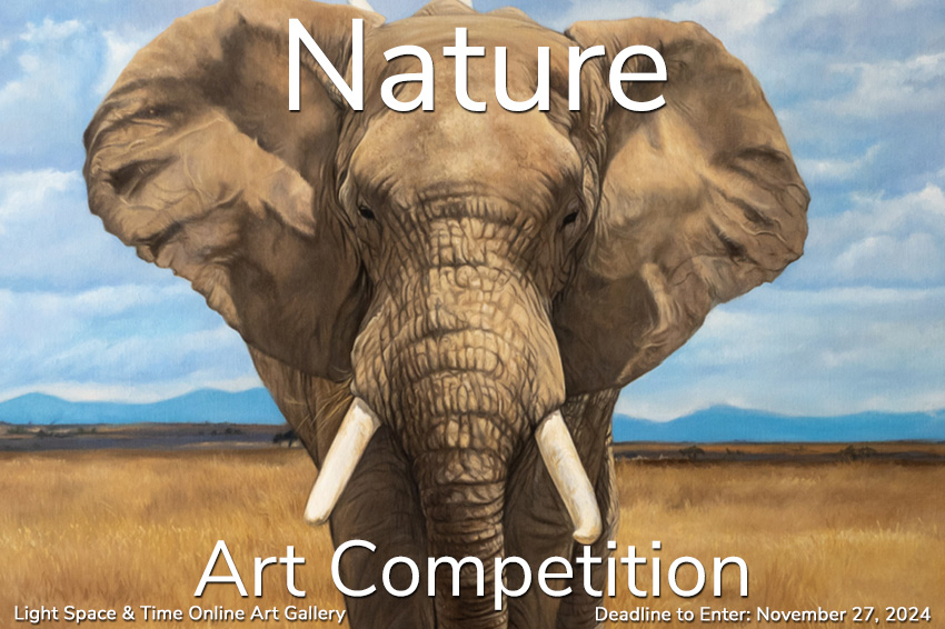 Painting of an elephant on a grassy plain with mountains in the distance