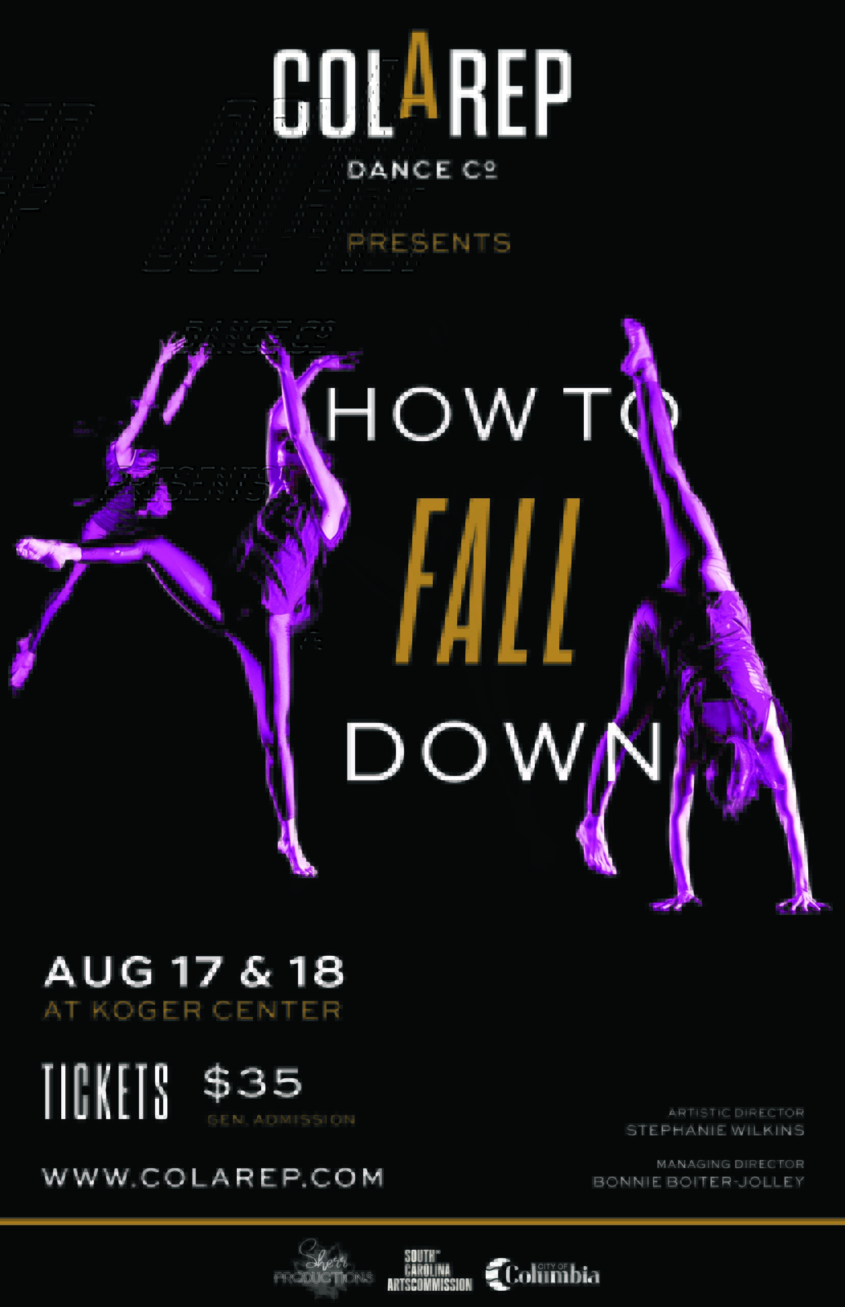 Posted for Cola Rep Dance Co presentation of How to Fall Down. Dancers lit in bright pink on a black background.