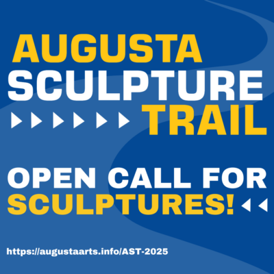 Augusta Sculpture Trail Open Call. Yellow and white letters on blue background.