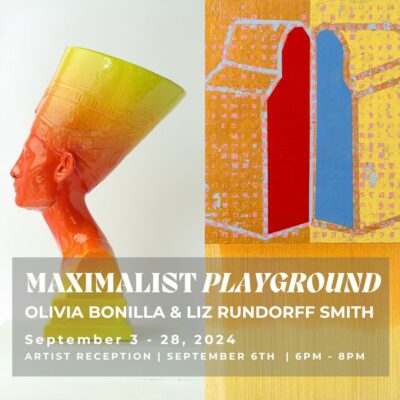 Yellow and orange sculpture in the style of an ancient Egyptian bust, and two-dimensional artwork with graphic shapes in yellow, blue, and red