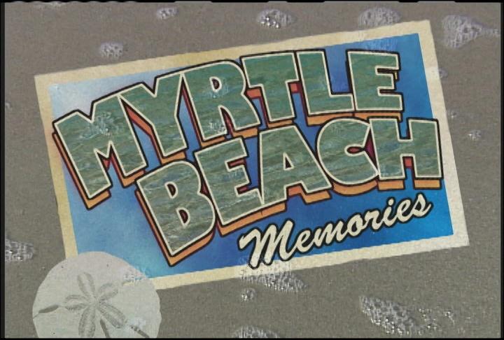Beach postcard with text reading Myrtle Beach Memories in retro typeface.