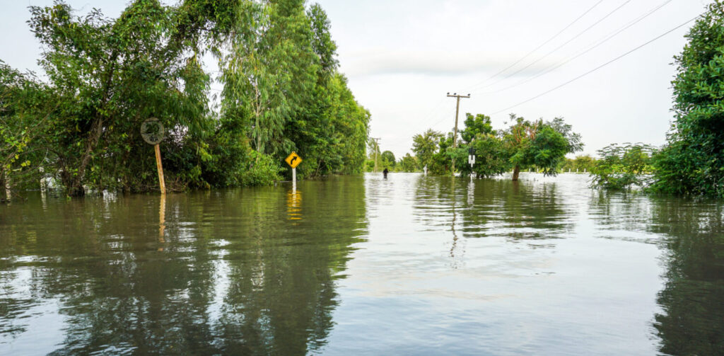 Daylight image of flooding in a rural area.