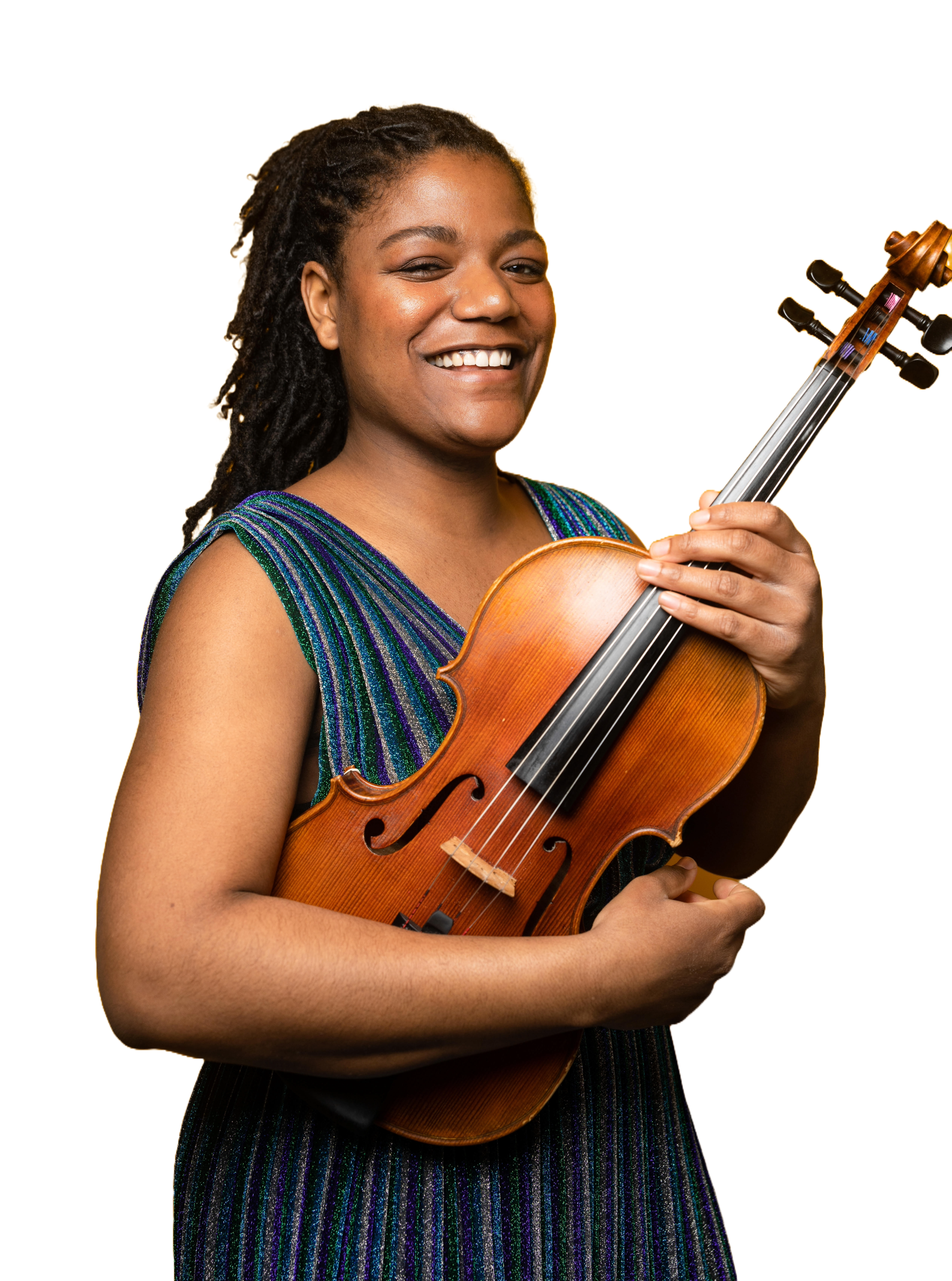Kayla Williams, a Black woman, holds her violin, smiling at the camera