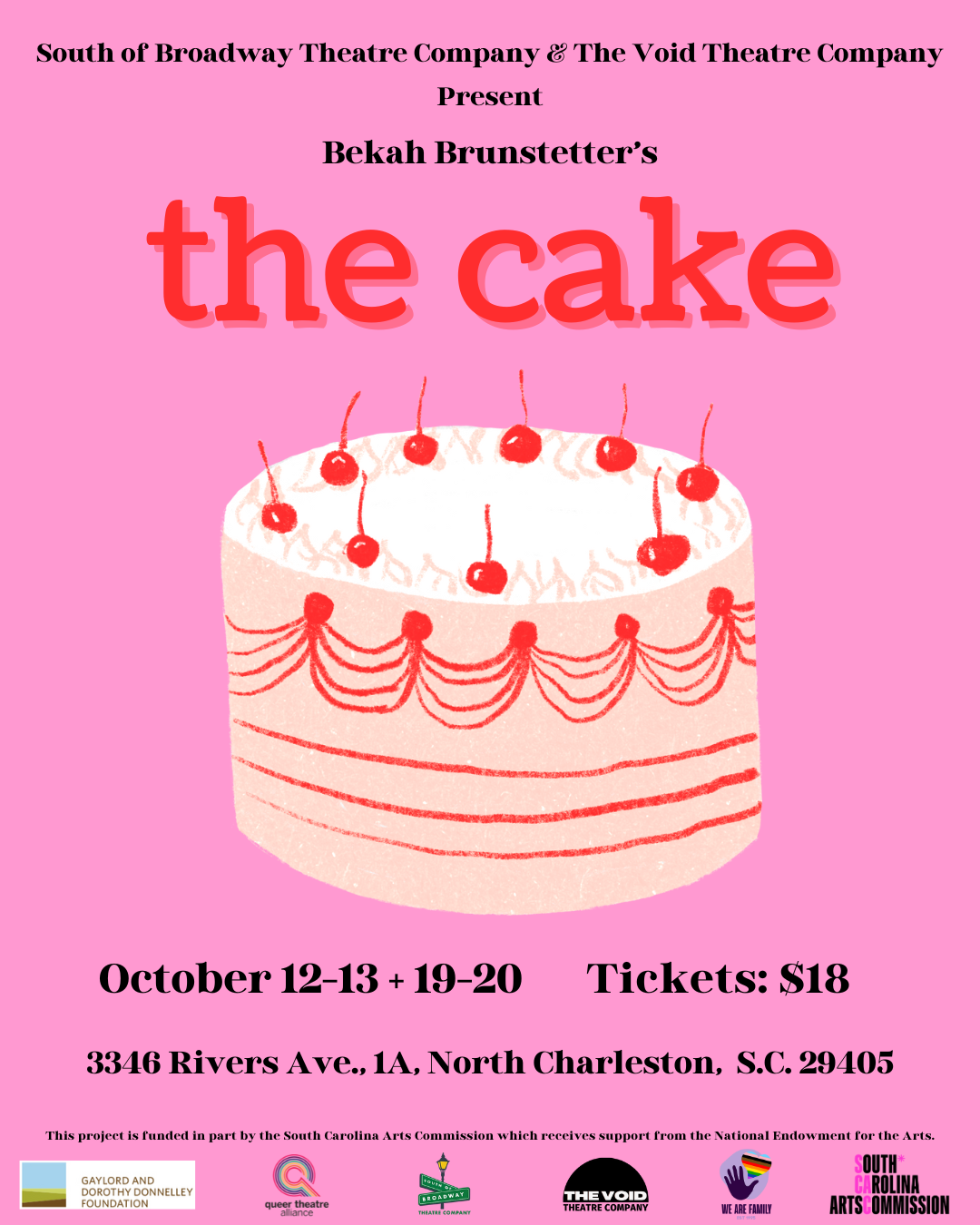 Advertisement for the stage play THE CAKE has a crayon drawing of a cream-colored layer cake with red icing designs and red cherries.