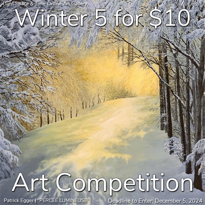 Patrick Egger's painting "Percée lumineuse" of a snowy forest clearing, partially sunlit.