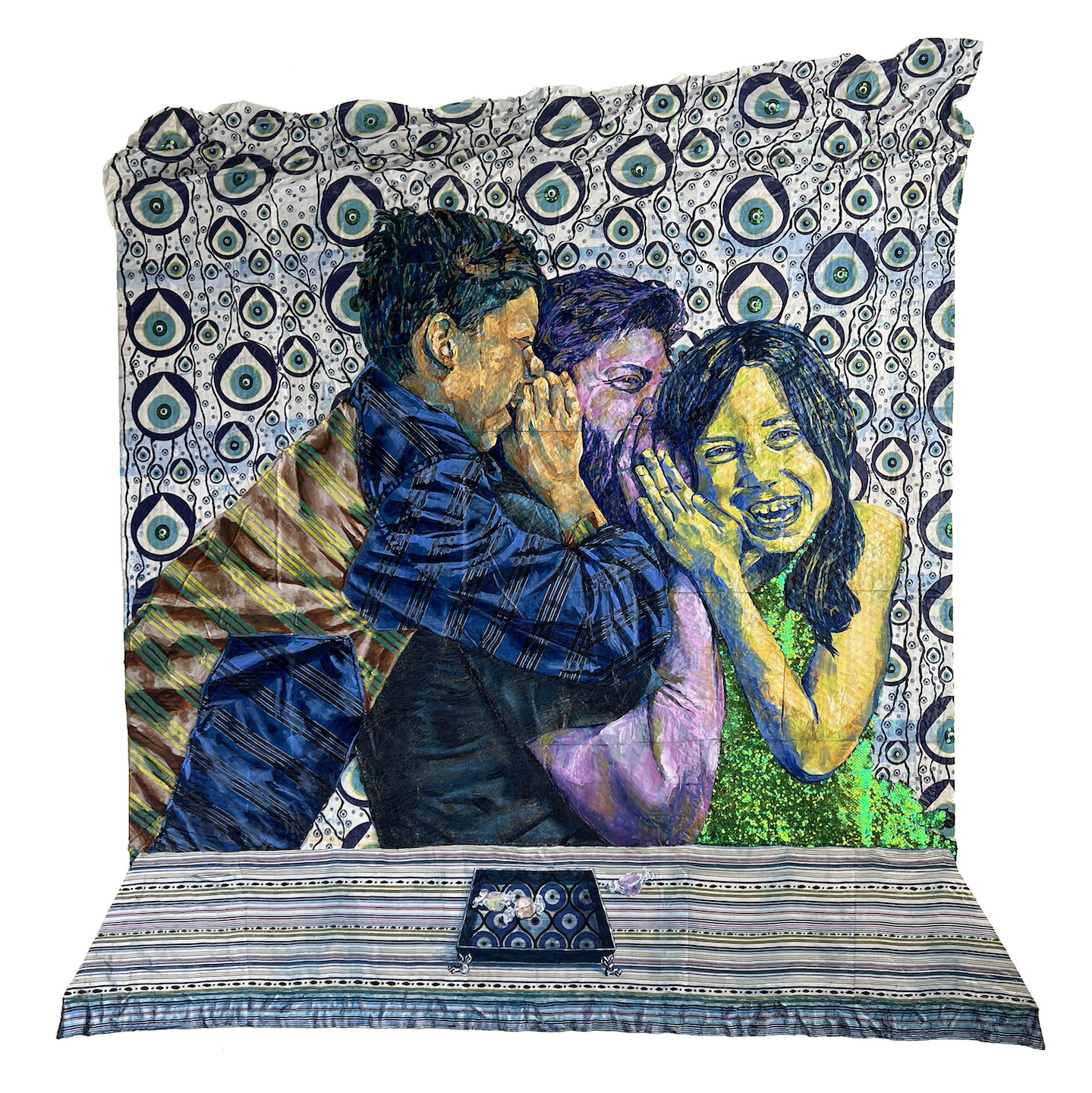 Heidi Brueckner's fabric artwork features a family laughing and sharing secrets
