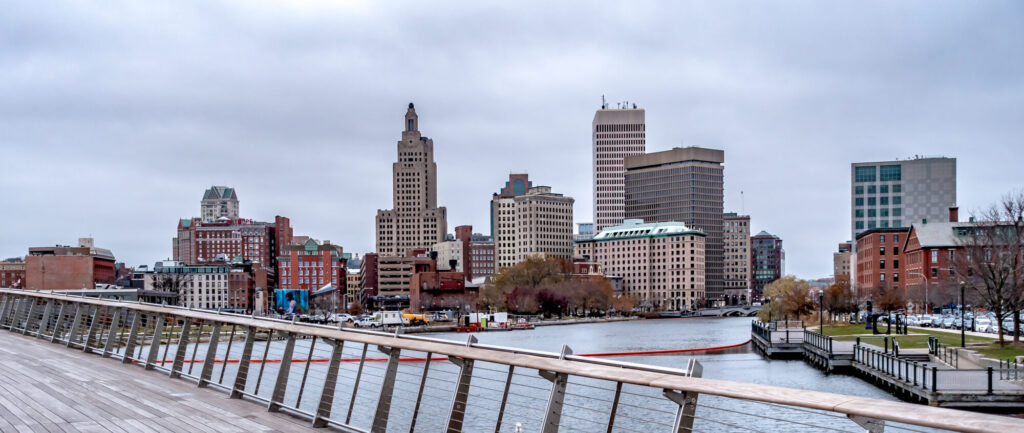 Providence, Rhode Island skyline on a cloudy day.