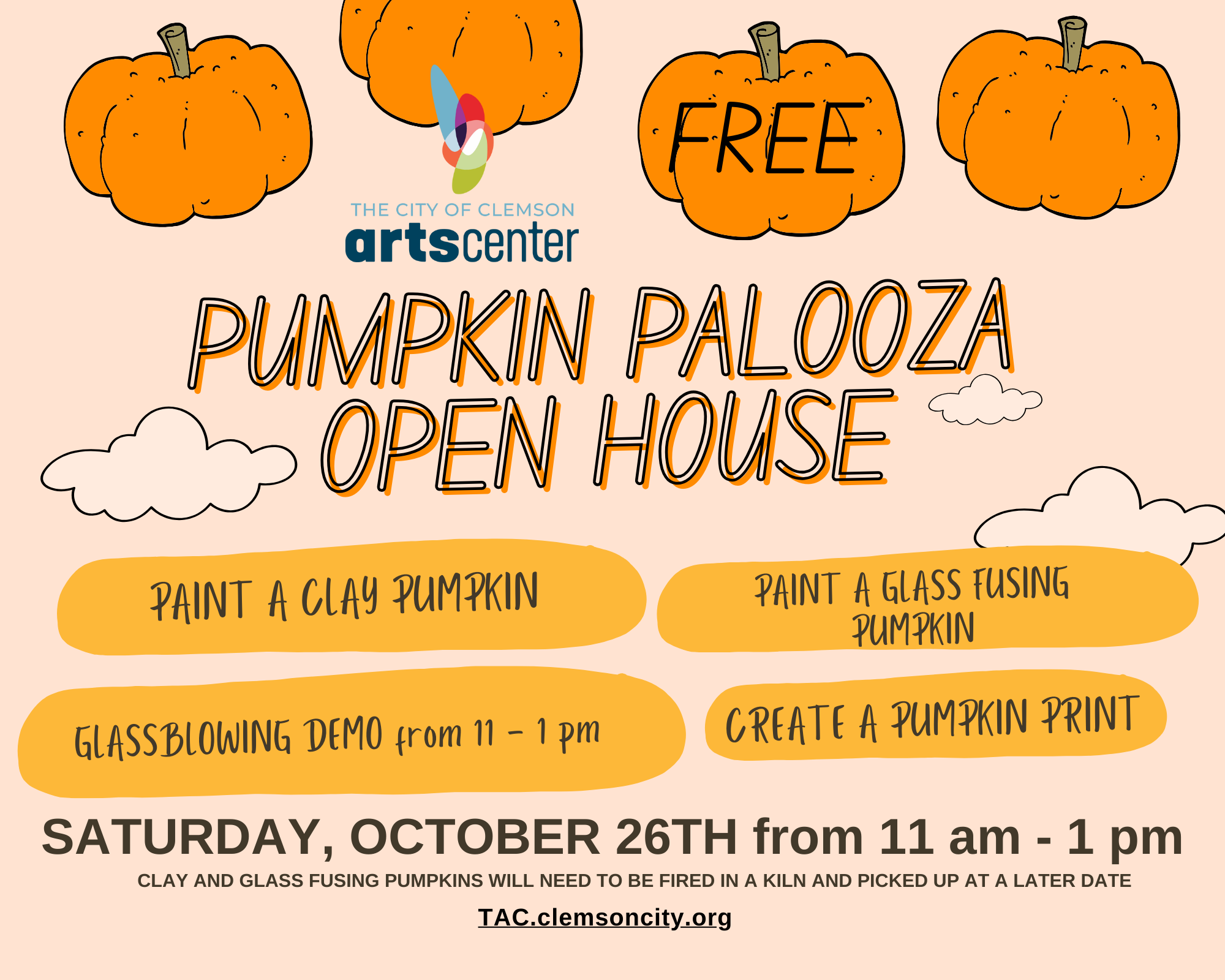 Clemson, SC Pumpkin Palooza Open House advertised with orange cartoon pumpkins and other graphics.