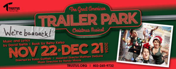 3 women in a trailer park raise beers, wear Santa hats and bows, and string Christmas lights