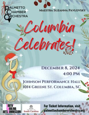 a Christmas concert flyer with a treble clef wearing a Santa hat and scarf