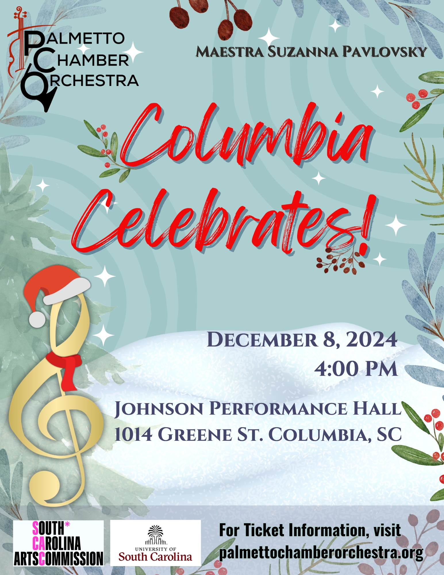 a Christmas concert flyer with a treble clef wearing a Santa hat and scarf