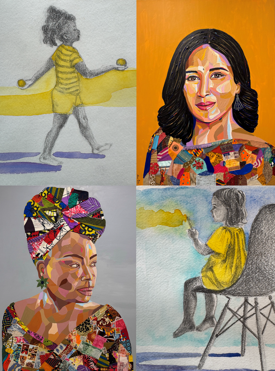 Artworks in varying bright colors and mediums depict two women of color and two children.