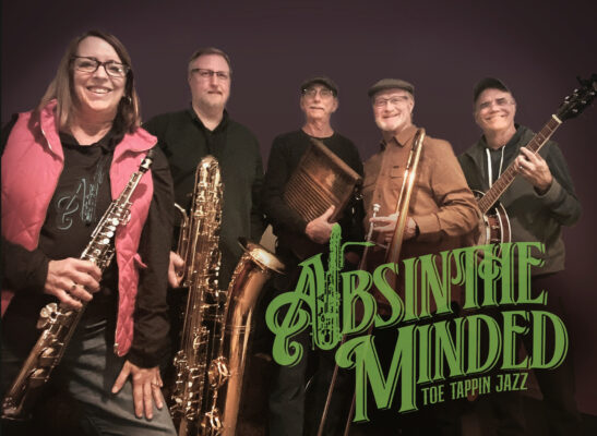 Five musicians hold a soprano saxophone, baritone saxophone, washboard, trombone, and banjo.