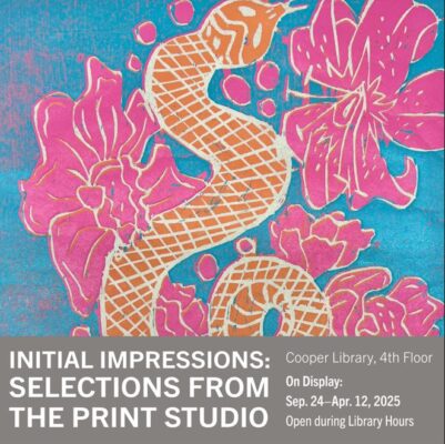 Stylized artwork of an orange snake winding through bright pink flowers on a bright blue background.