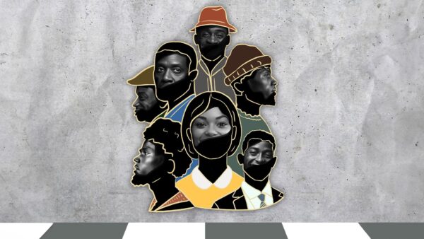 A photo collage of Black people's faces. Black shapes cover most of their mouths.