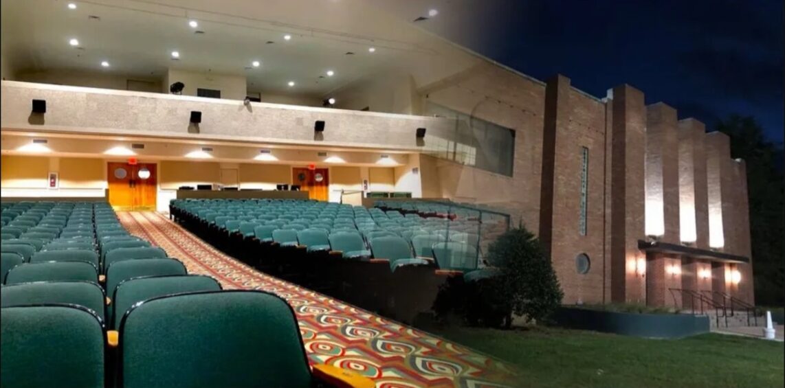 Interior auditorium seating and exterior brick building with lit facade.