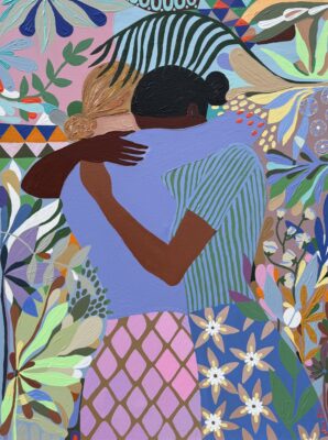 Two female figures (1 light-skinned and one dark-skinned) embrace amid colorful botanical motifs.