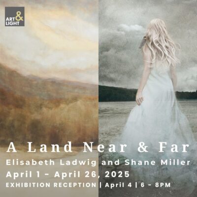 2 landscape artworks: trees & sky in brown hues & a blonde woman in a white dress at a gray lake.