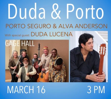 Musical group Porto Seguro and guitarist Duda Lucena pose with their instruments.