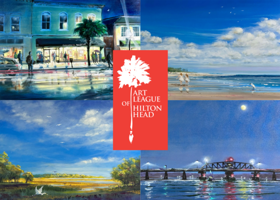 Oil paintings in blue hues include a city street, beach, marsh, and bridge over water.