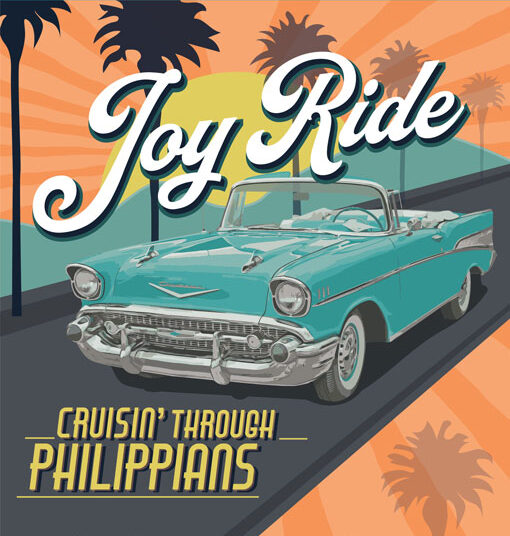 A vintage convertible on a palm tree-lined street, with a background of sunshine and mountains.