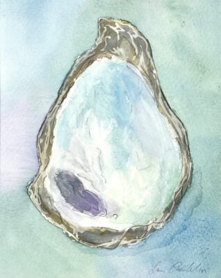 A watercolor painting of the inside of an oyster shell, on a blue and green background.
