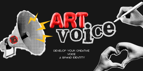 A collage of a megaphone, a hand writing with a pen, and a pair of hands forming a heart.