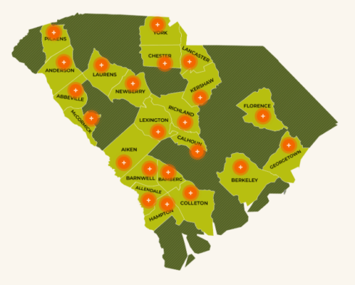 A map of South Carolina with counties participating in the Ag and Art Tour highlighted in a light, yellow-green color.