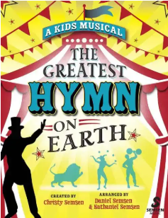 A kids' musical poster with a circus tent, red flags, and silhouettes of circus performers.