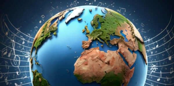 Earth from space surrounded by musical notation.