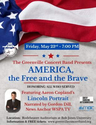 An American flag. Inset of a smiling man in a suit with arms folded.