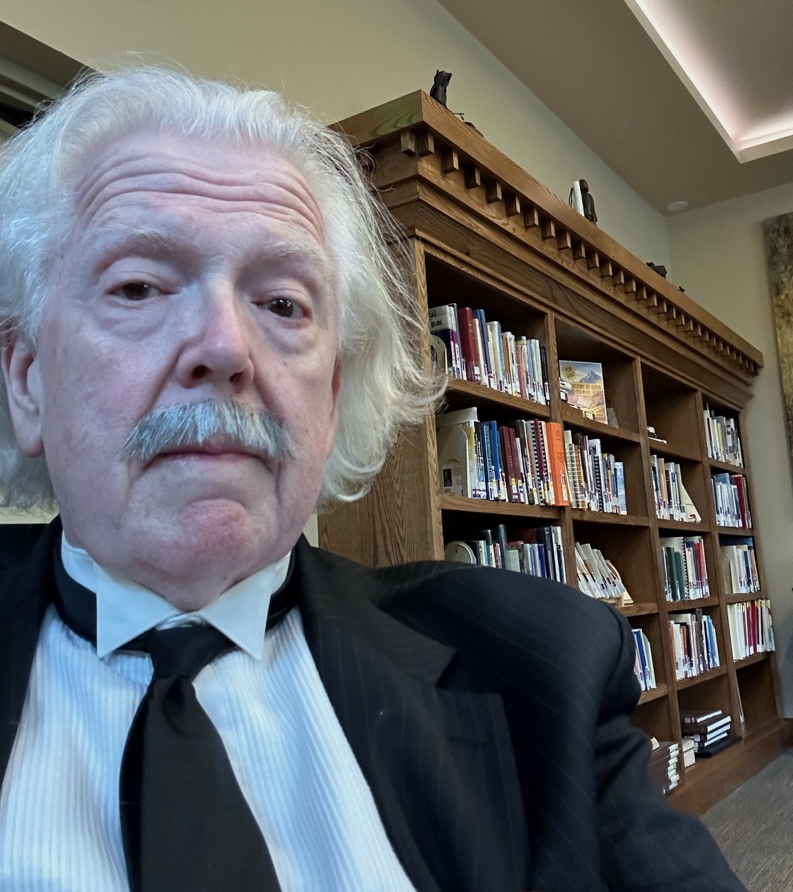 An actor in costume as Albert Einstein.