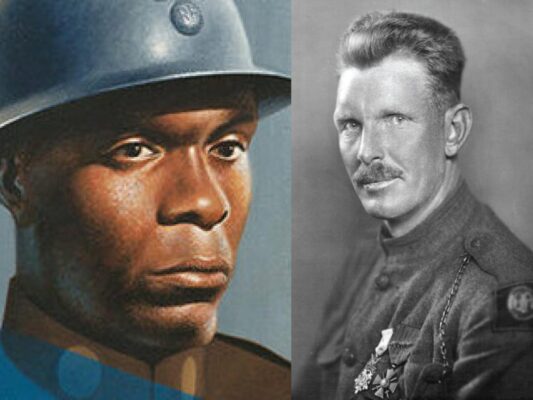 Two men - one Black and one white - in dress uniforms from World War One.