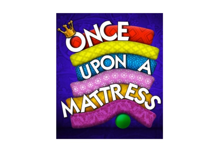 A stack of mattresses in multiple bright colors rests on an oversized green pea.